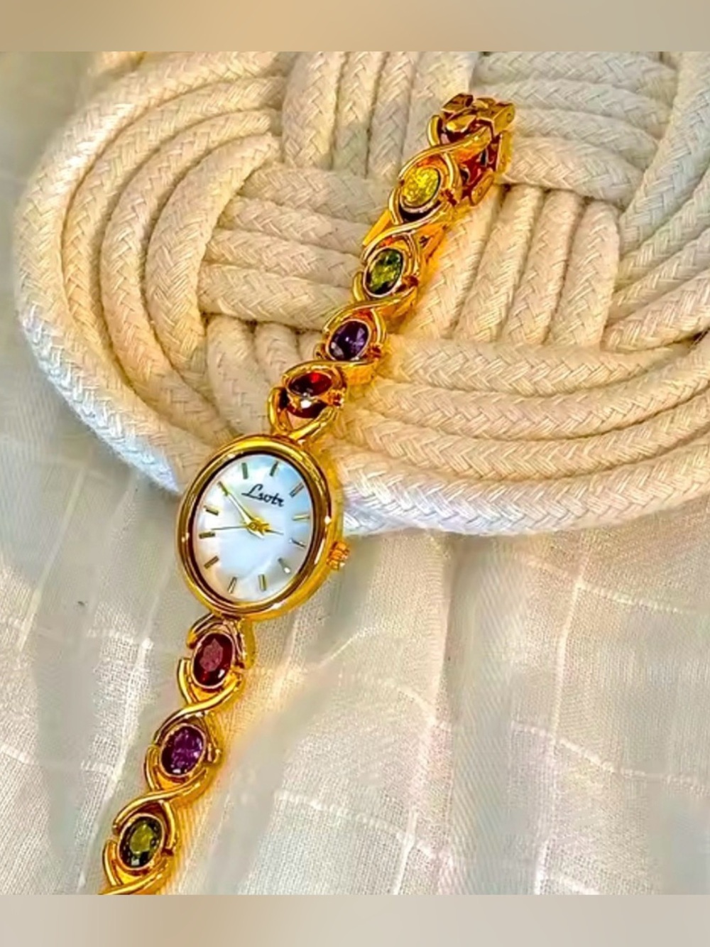 Gold-tone High-End Women's Bracelet Watch with Multicolor Gem Accents - Picture 3 of 4